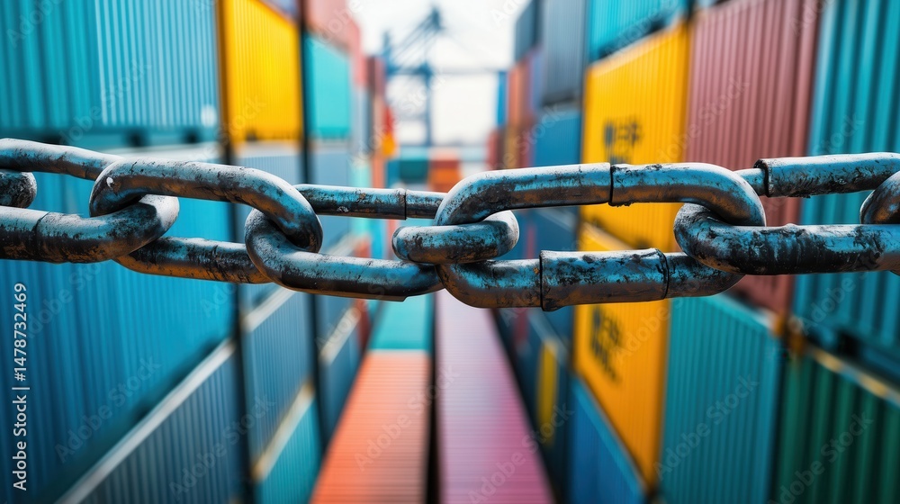 Naklejka premium Steel chain blocking access to shipping containers in logistics hub