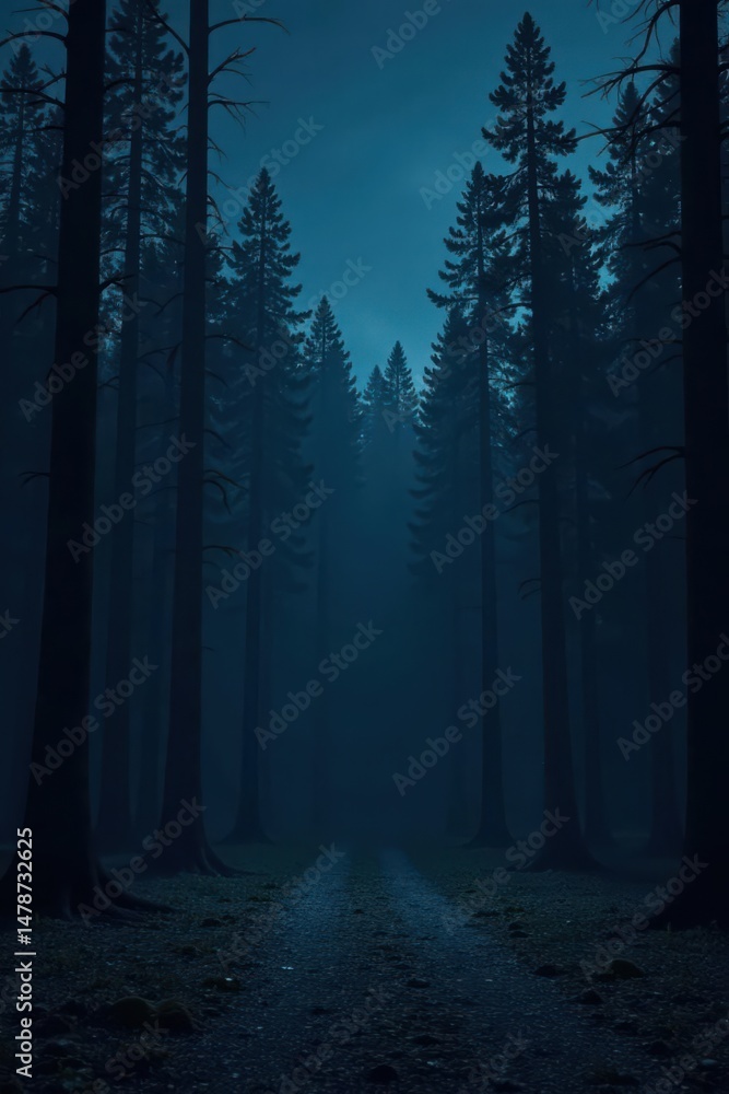 Fototapeta premium Mysterious Night Path Through a Dark and Silent Evergreen Forest