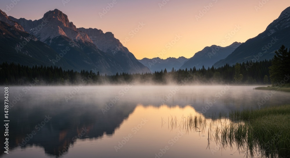 Mountain Lake Sunrise Reflection with Mist Mountain Lake Sunrise Reflection with Mist
