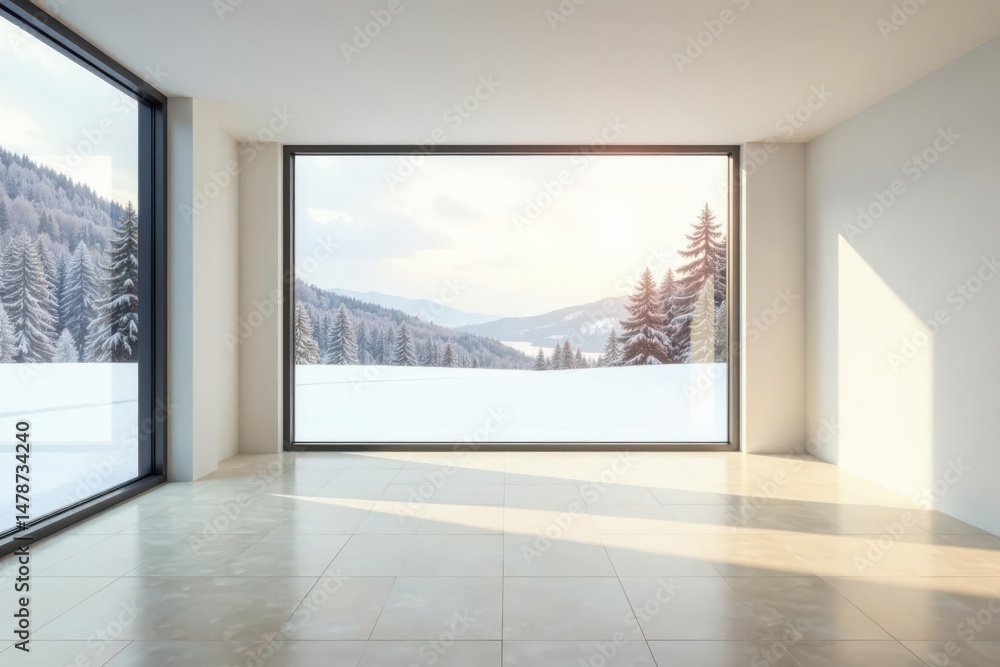 Obraz premium Serene Empty Room with Expansive Winter Landscape View Through Floor to Ceiling Windows