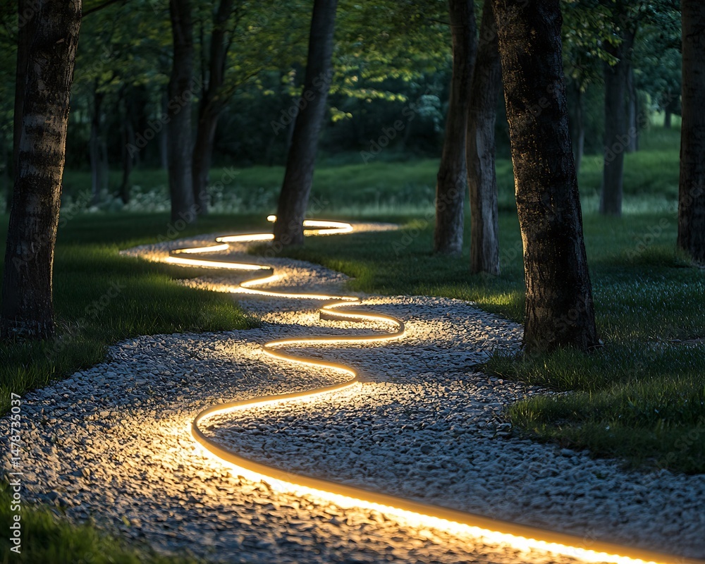 Illuminated path winding through a serene forest Illuminated path winding through a serene forest