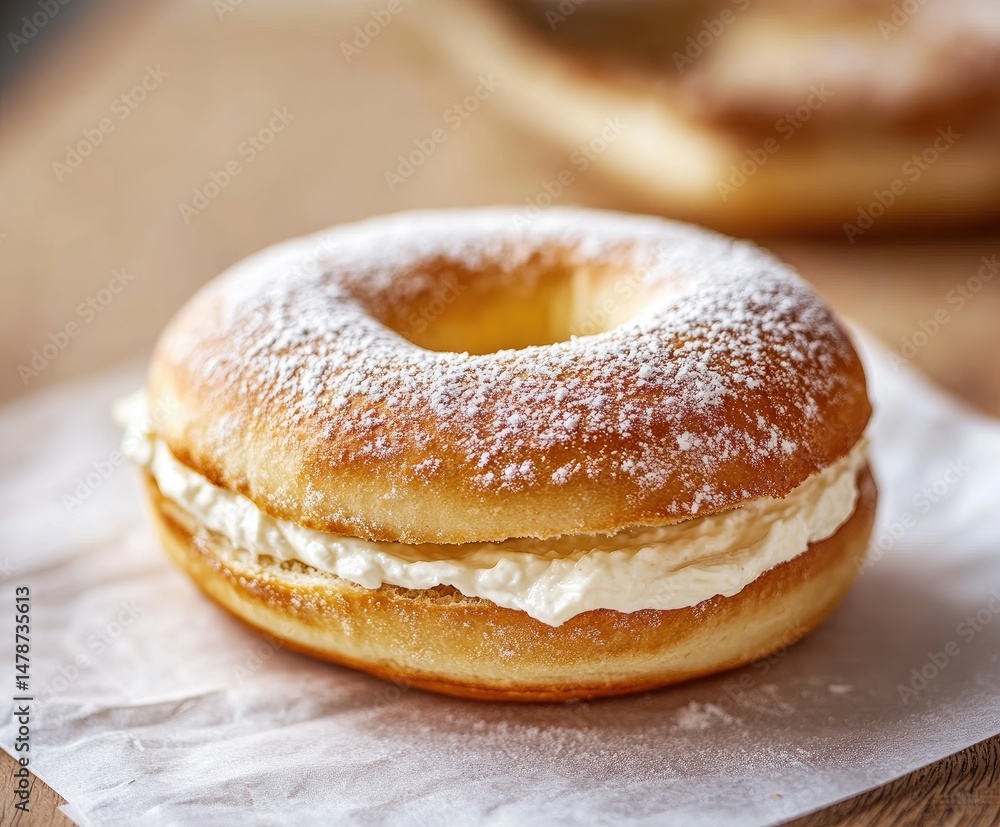Cream-filled donut topped with powdered sugar Cream-filled donut topped with powdered sugar