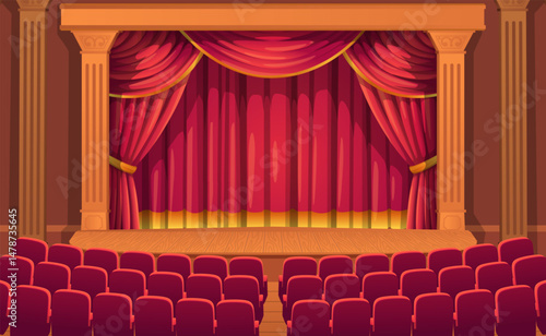 Classic Theater Stage with Red Curtain and Empty Audience