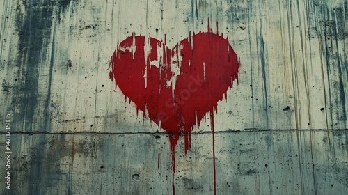 A weathered concrete wall displays a painted, fractured heart.