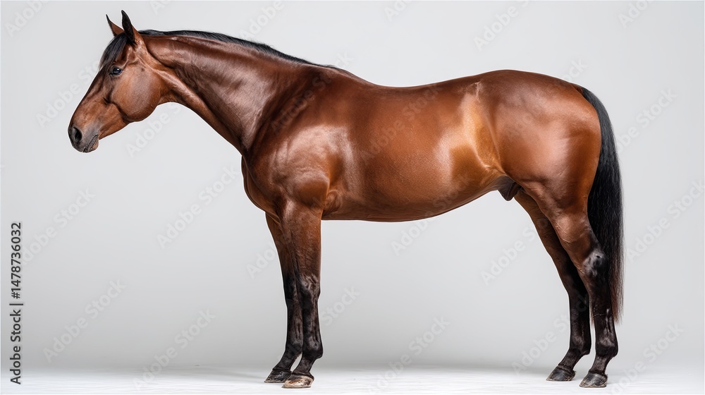 Obraz premium Majestic bay horse standing gracefully on a neutral white background, showcasing detailed coat texture, symbolizing elegance and natural beauty, perfect for equestrian, animal, and wildlife concepts.