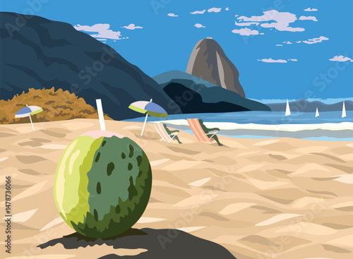 Graphic style illustration of a coastal landscape of the city of Rio de Janeiro, Brazil.