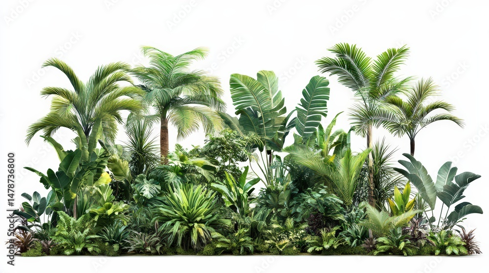 Obraz premium Lush tropical foliage composition featuring diverse plants on a white backdrop
