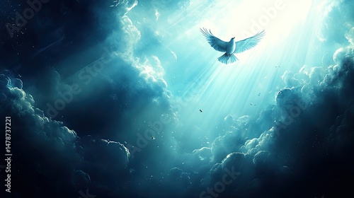 Heavenly dove soars through a radiant sky.