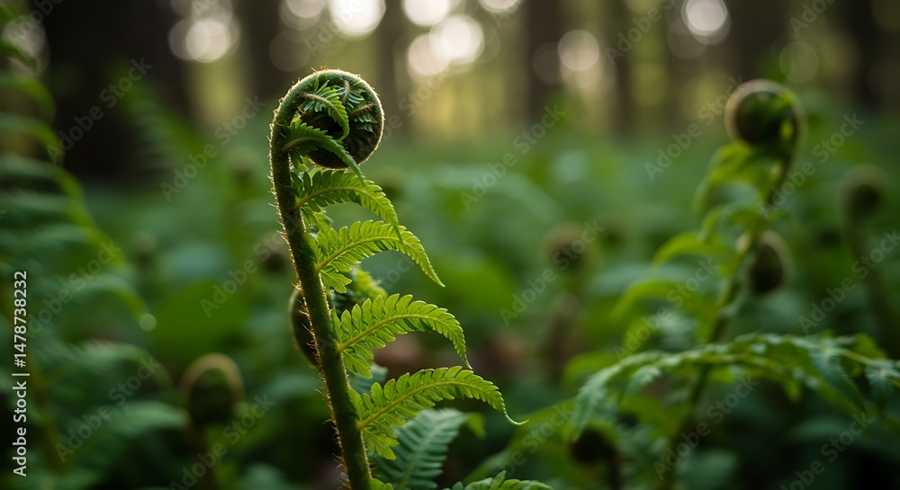Naklejka premium Unfurling Fern Fronds in a Spring Forest