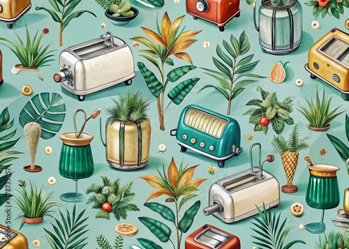 Vintage Appliance Pattern with Plant Doodles - Panoramic Wallpaper