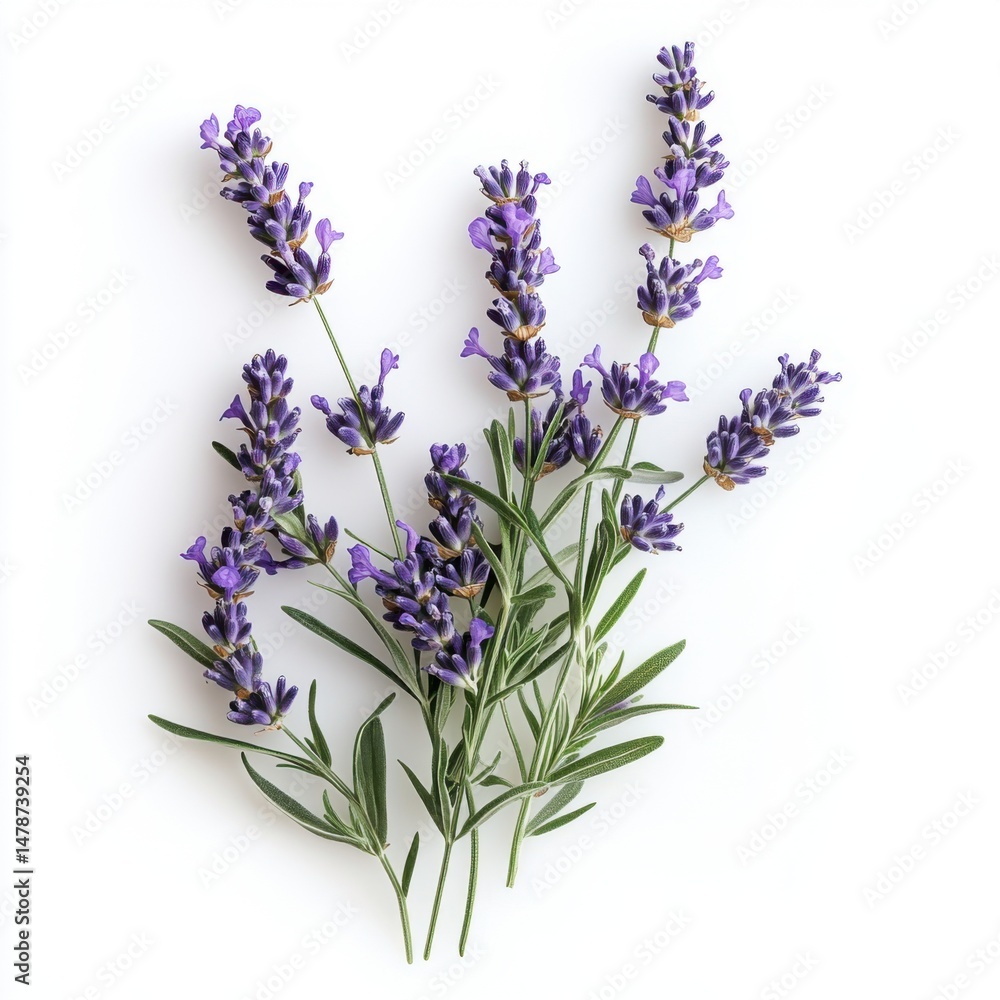 Obraz premium Lavender sprigs arranged on white backdrop, top-down view, studio shot, natural light, botanical beauty, floral arrangement, simple elegance