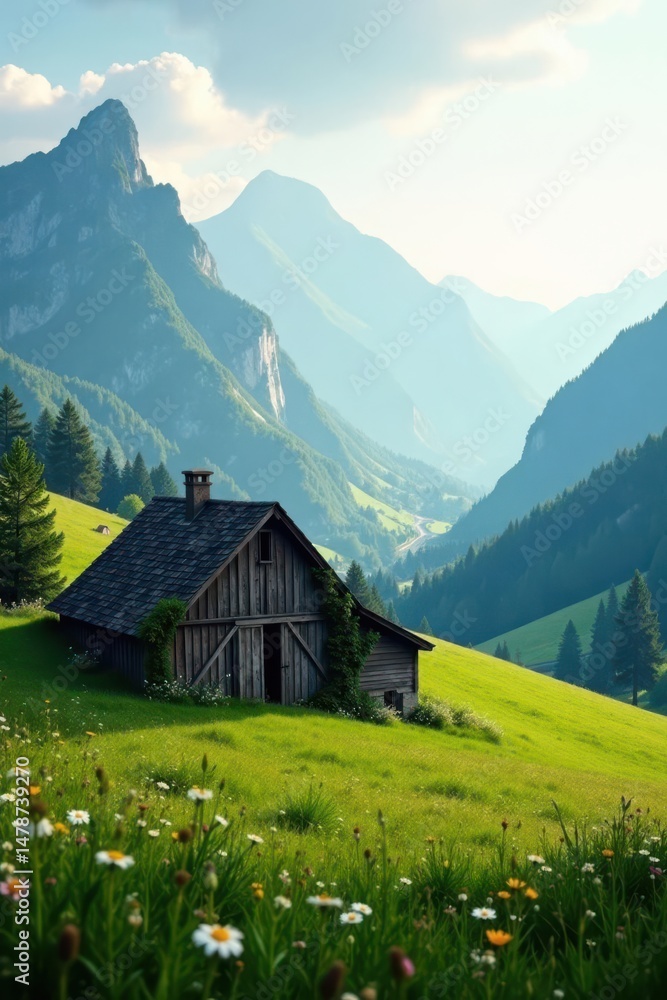 Obraz premium Serene Mountain Valley Farmhouse with Lush Meadow and Blooming Wildflowers