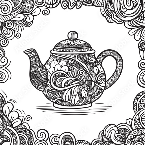 Zen art teapot. Zentangle tea for the adult antistress coloring book Zendoodle.