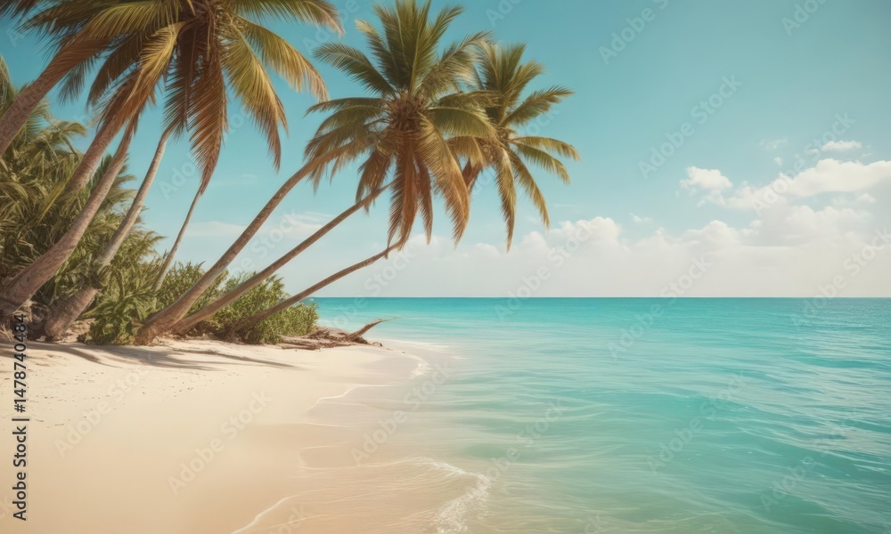 Fototapeta premium Golden sand, turquoise water, leaning palms, vintage film grain, blue, horizon, distressed