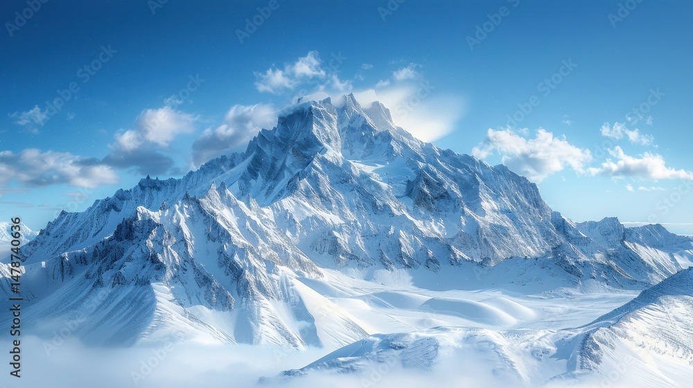 Obraz premium Majestic snow-covered mountain range under a clear blue sky.