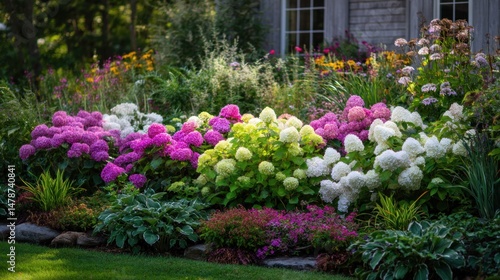 Fototapeta Naklejka Na Ścianę i Meble -  Vibrant hydrangea border in a sunny garden.  A colorful display of hydrangeas in various shades of pink, purple, and white, nestled within a mixed border of perennials and grasses