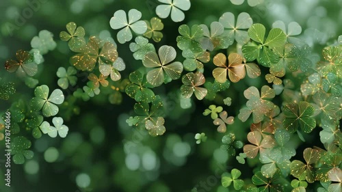 Delicate and shimmering green and gold four leaf clovers create a festive and dreamy abstract field of luck and good fortune celebration