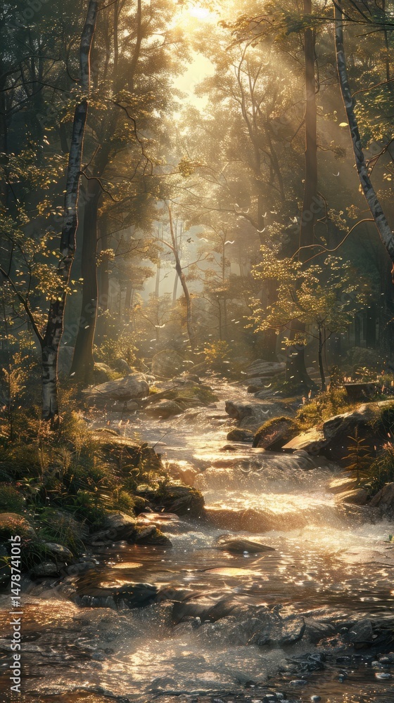 Obraz premium Sunlight streams through a lush, green forest, illuminating a tranquil flowing stream.