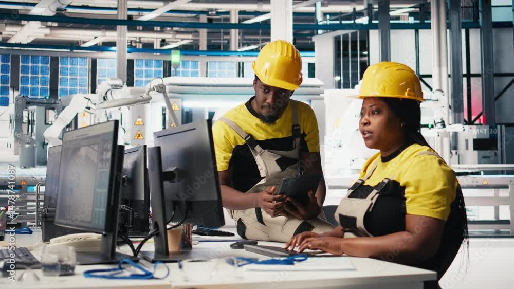 African american workers checking up on manufacturing equipment in solar panel factory, reading documentation files. Team of engineers in industrial facility inspecting production process. Camera B. African american workers checking up on manufacturing equipment in solar panel factory, reading documentation files. Team of engineers in industrial facility inspecting production process. Camera B.