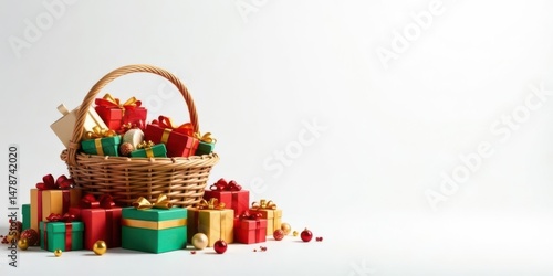 A Festive Abundance Overflowing Wicker Basket Filled with Wrapped Gifts and Sparkling Ornaments, Ready for Celebration