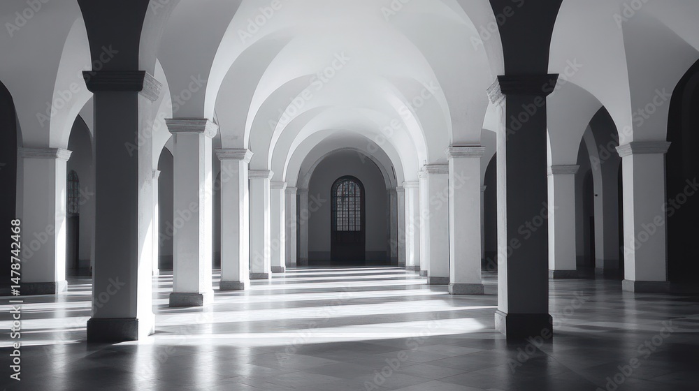 Obraz premium Sunlit Arched Hallway with White Columns