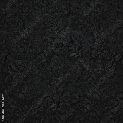 Deep black floral wallpaper, luxurious texture, intricate patterns , high-end, blossom