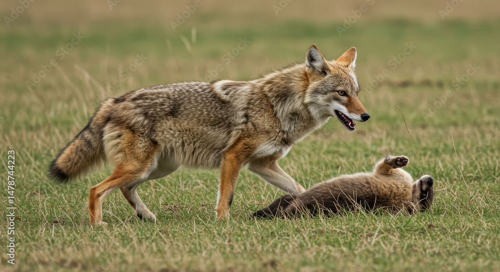 Naklejka premium Coyote and Cub Playing in Field