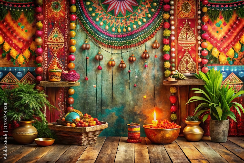 Fototapeta premium Vintage Hand-Painted Festival Backdrop with Ethnic Motifs: Vibrant Colors & Traditional Designs