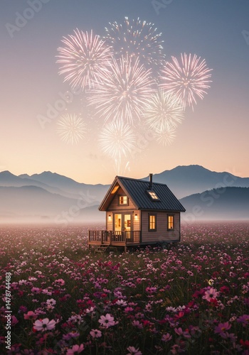 小さな家 花畑 夕焼け 美しい花火