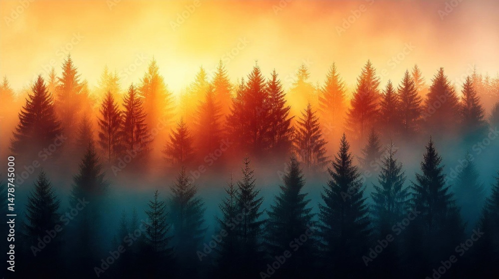 Sunrise over misty pine forest serene nature Sunrise over misty pine forest serene nature