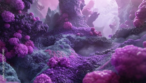 A vibrant, otherworldly landscape of  purple and teal.  Intricate, organic formations resemble coral or alien flora, creating a surreal, dreamlike scene