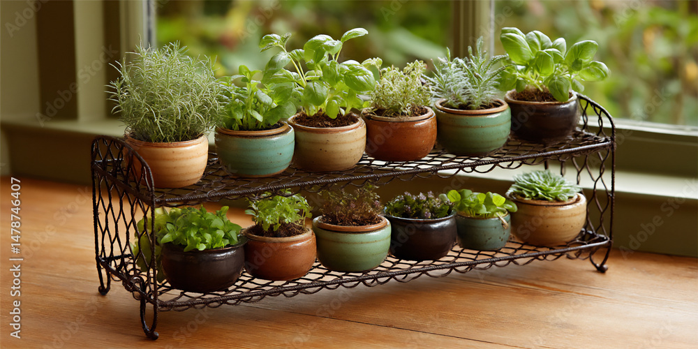 bright and vibrant indoor diy garden photograph showcasing small potted herbs arranged on a tiered metal shelf placed near a sunny window bright and vibrant indoor diy garden photograph showcasing small potted herbs arranged on a tiered metal shelf placed near a sunny window
