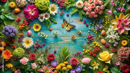 Vintage Spring Garden Collage: Drone View of Detailed Floral Backdrop