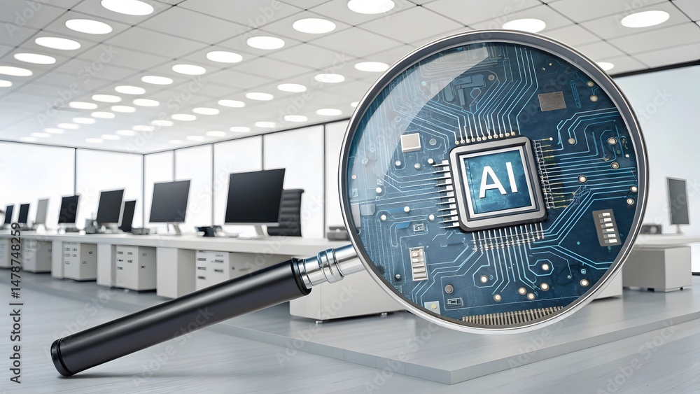 Fototapeta premium Magnifying Glass Reveals AI Chip Technology, a Glimpse into the Future of Smart Office Automation and Data Analysis Solutions.