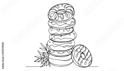Continuous one single minimal line drawing doughnut