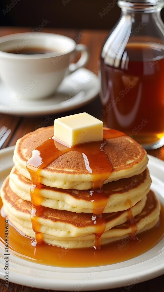 Golden brown pancakes, a delightful stack drenched in sweet syrup, topped with a pat of melting butter. A perfect breakfast treat! Golden brown pancakes, a delightful stack drenched in sweet syrup, topped with a pat of melting butter. A perfect breakfast treat!