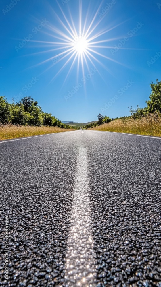 Asphalt Road Leading to the Horizon Under a Bright Sun, Low Angle Shot on a Clear Day in the Countryside Asphalt Road Leading to the Horizon Under a Bright Sun, Low Angle Shot on a Clear Day in the Countryside
