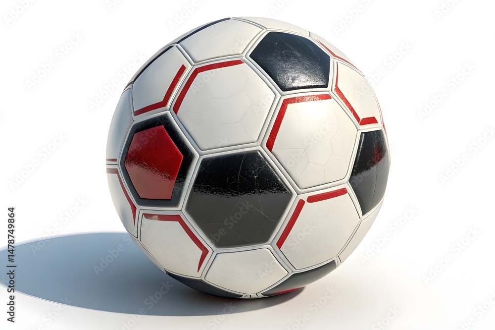 Fototapeta premium A red soccer ball, a round sphere of sport equipment, is isolated on a white background, ready for a fun game of football