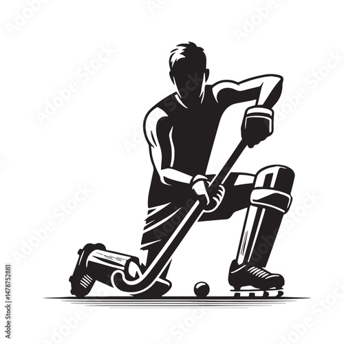 Field Hockey Silhouette line art vector illustration on white background