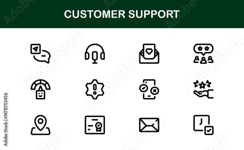 Customer Support Service Icons – Professional Vector Line Illustrations for Online Help, Chat, Call Assistance, and Technical Support Graphics
