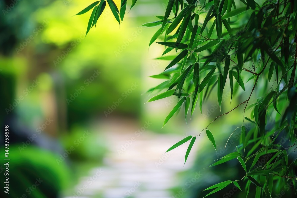 Obraz premium Lush bamboo foliage frames a blurred garden path