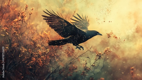 Wallpaper Mural Majestic raven soars through ethereal autumn landscape, casting shadow Torontodigital.ca