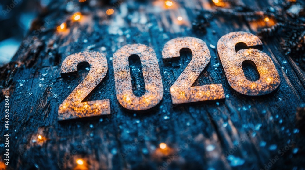 The year 2026 is celebrated with glowing numbers on a wooden background for the new year. The year 2026 is celebrated with glowing numbers on a wooden background for the new year.