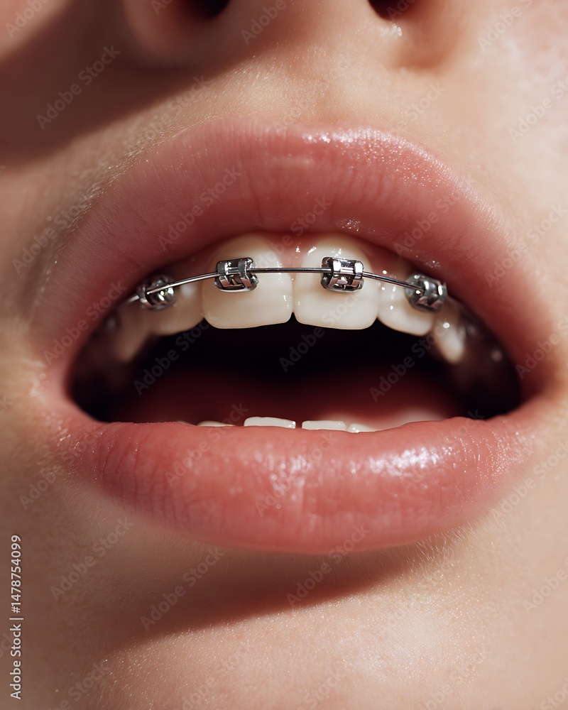 Obraz premium Teenager with metal braces in a natural and clean setting...