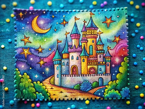 Whimsical Castle Doodle Fabric Swatch Night Photography
