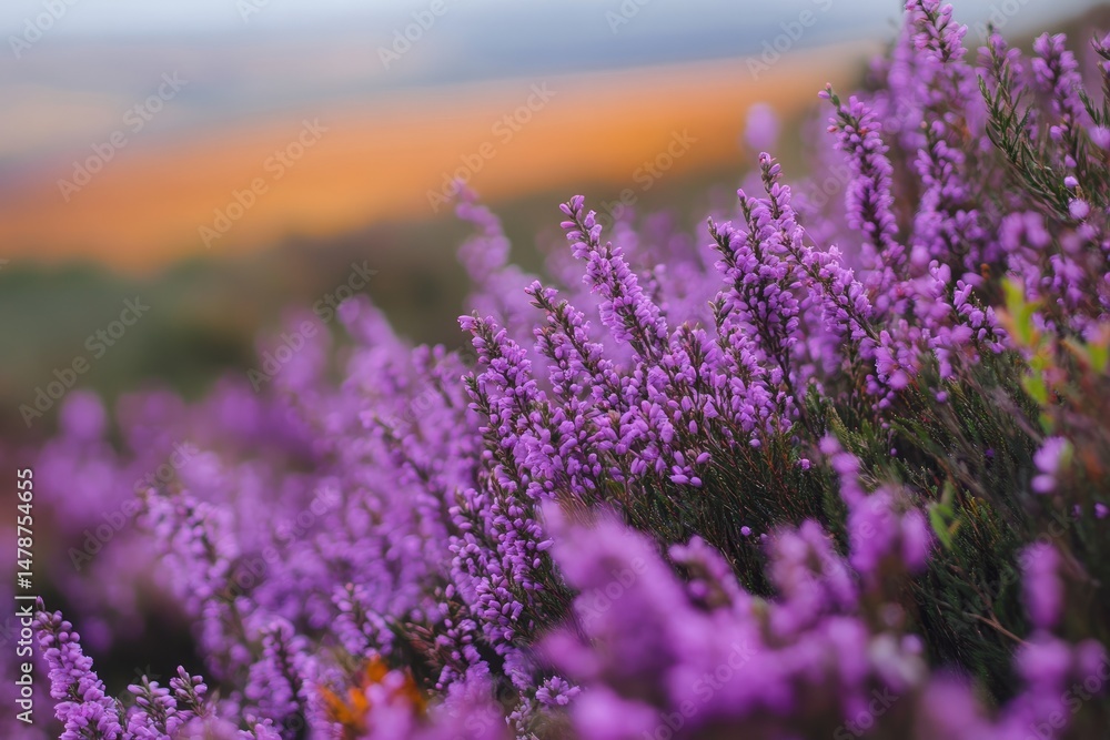 Obraz premium Vibrant purple heather blossoms in a field. Close-up view of colorful flowers against a soft, hazy backdrop