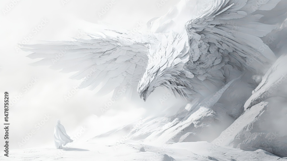 Obraz premium Majestic white eagle descends towards a lone figure in a snowy landscape
