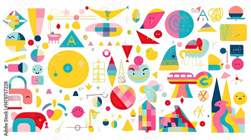 Colorful abstract shapes and objects create a vibrant visual composition.