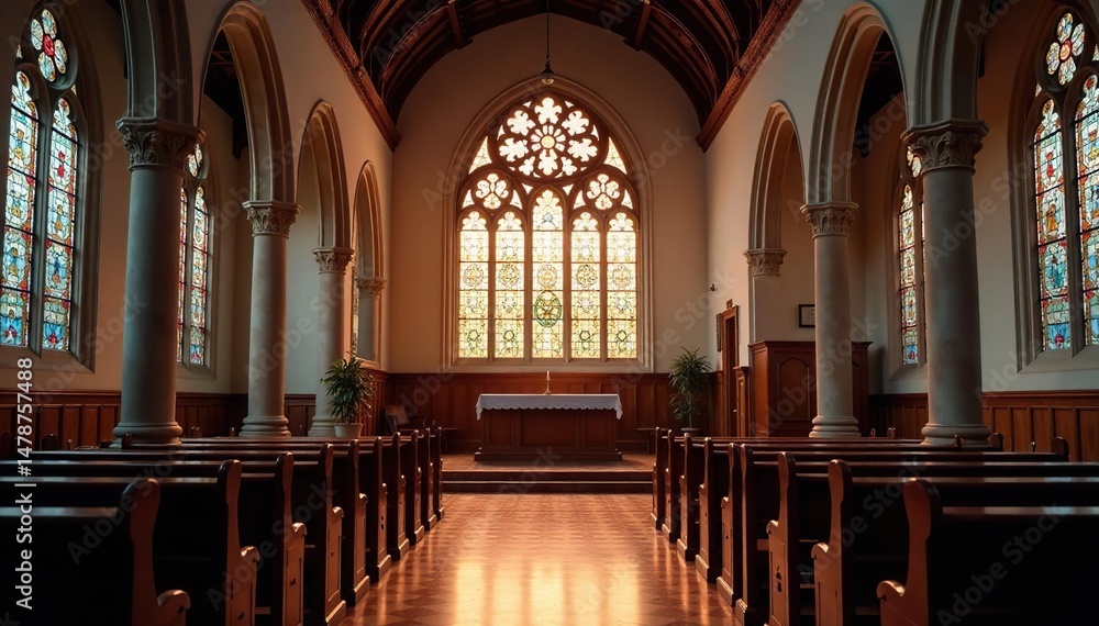 Fototapeta premium Serene interior of a traditional church Stained glass, altar, pews, peaceful atmosphere , altar, religious building, devotion
