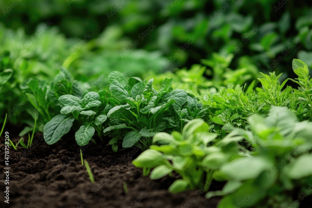 A vibrant array of young, healthy green plants growing in rich soil. Close-up view of various leafy sprouts A vibrant array of young, healthy green plants growing in rich soil. Close-up view of various leafy sprouts